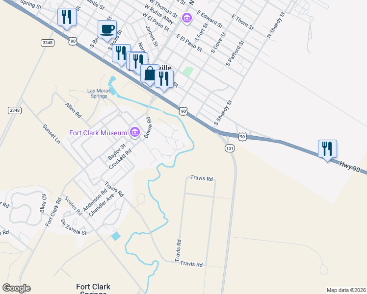 map of restaurants, bars, coffee shops, grocery stores, and more near 179 Avenida Juarez Road in Brackettville