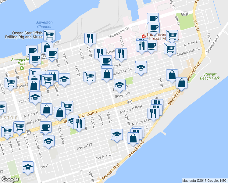 map of restaurants, bars, coffee shops, grocery stores, and more near 1317 Ball Street in Galveston