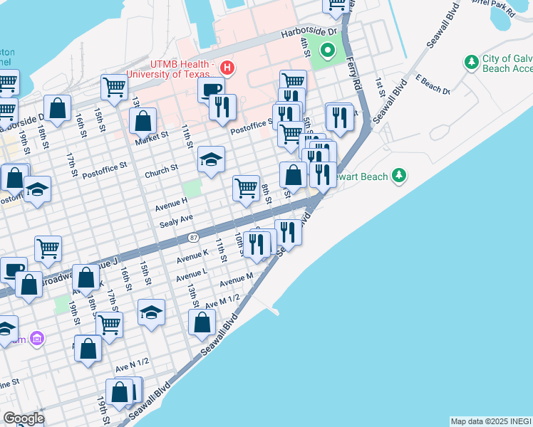 map of restaurants, bars, coffee shops, grocery stores, and more near 728 Avenue K in Galveston