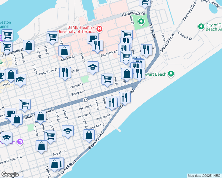 map of restaurants, bars, coffee shops, grocery stores, and more near 826 Broadway Avenue J in Galveston