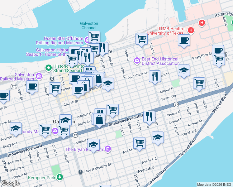 map of restaurants, bars, coffee shops, grocery stores, and more near 1827 Winnie Street in Galveston