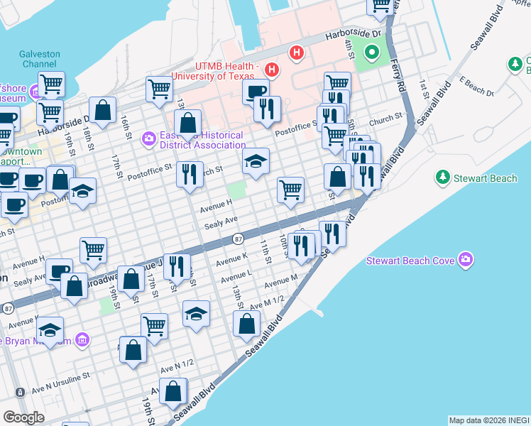 map of restaurants, bars, coffee shops, grocery stores, and more near 1004 Broadway Avenue J in Galveston