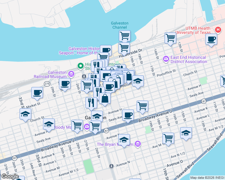 map of restaurants, bars, coffee shops, grocery stores, and more near 525 22nd Street in Galveston