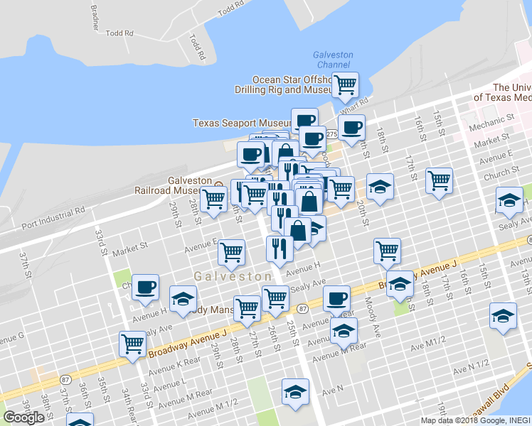 map of restaurants, bars, coffee shops, grocery stores, and more near 2423 Market Avenue Drive in Galveston