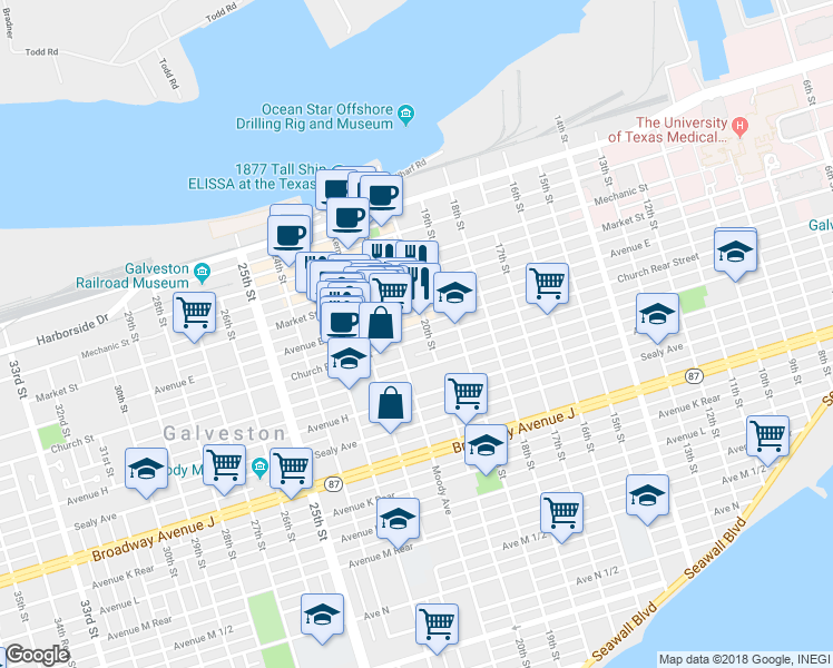 map of restaurants, bars, coffee shops, grocery stores, and more near 2010 Church Rear Street in Galveston