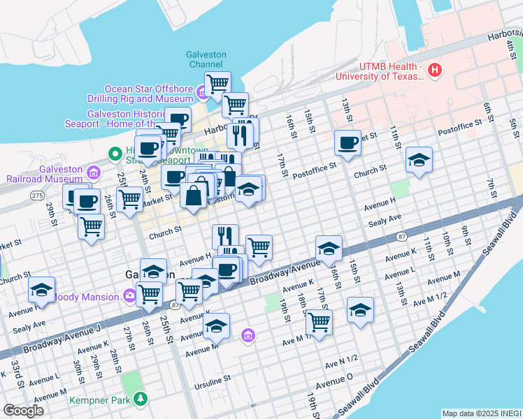 map of restaurants, bars, coffee shops, grocery stores, and more near 1827 Winnie Street in Galveston