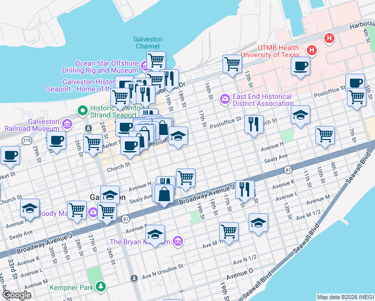 map of restaurants, bars, coffee shops, grocery stores, and more near 1827 Winnie Street in Galveston