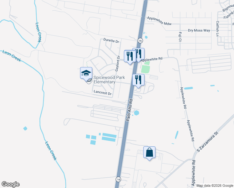 map of restaurants, bars, coffee shops, grocery stores, and more near 11557 Texas 16 in San Antonio