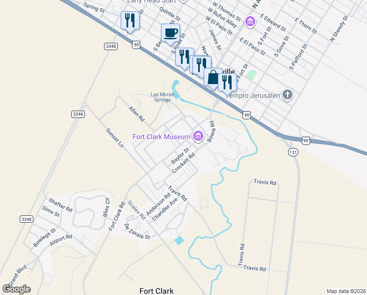 map of restaurants, bars, coffee shops, grocery stores, and more near 474 Airport Road in Brackettville