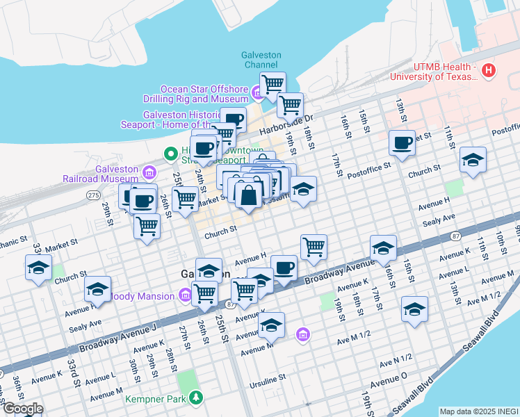 map of restaurants, bars, coffee shops, grocery stores, and more near 2113 Postoffice Street in Galveston