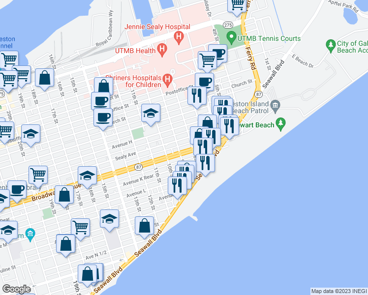 map of restaurants, bars, coffee shops, grocery stores, and more near 820 Broadway Avenue J in Galveston