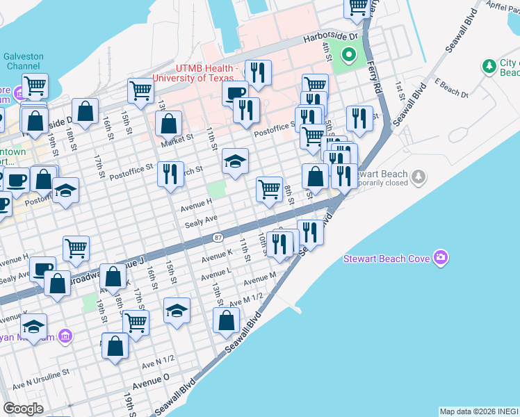 map of restaurants, bars, coffee shops, grocery stores, and more near 812 10th Street in Galveston