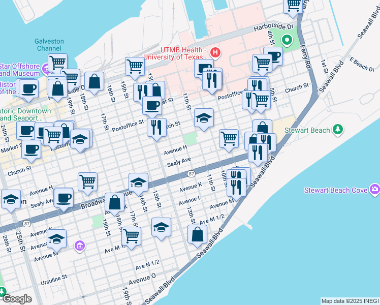 map of restaurants, bars, coffee shops, grocery stores, and more near 1103 Avenue H in Galveston
