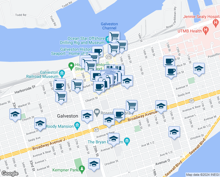 map of restaurants, bars, coffee shops, grocery stores, and more near 416 21st Street in Galveston