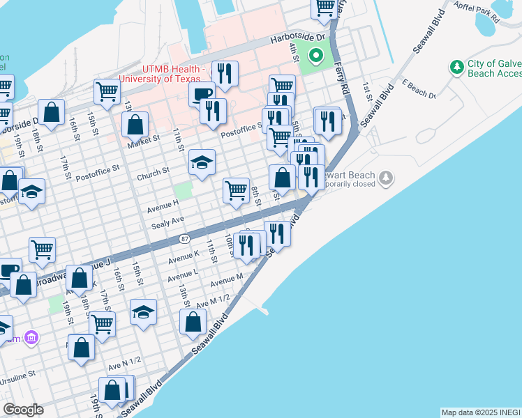 map of restaurants, bars, coffee shops, grocery stores, and more near 715 Sealy Avenue in Galveston