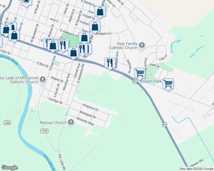 map of restaurants, bars, coffee shops, grocery stores, and more near 1201 Bay City Highway in Wharton