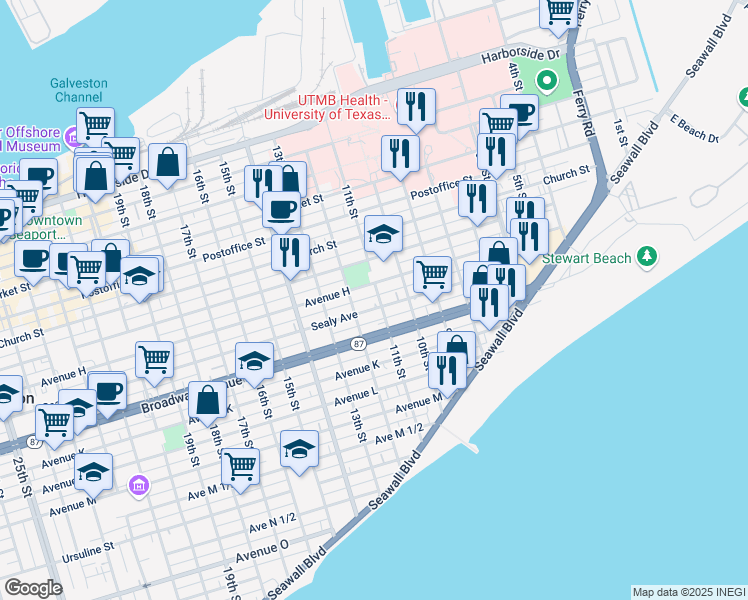 map of restaurants, bars, coffee shops, grocery stores, and more near 1102 Sealy Avenue in Galveston