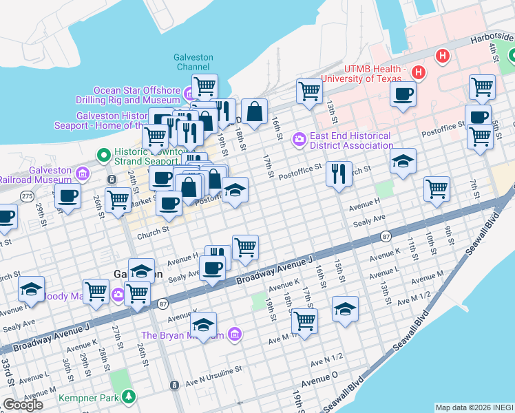 map of restaurants, bars, coffee shops, grocery stores, and more near 1807 Postoffice Street in Galveston