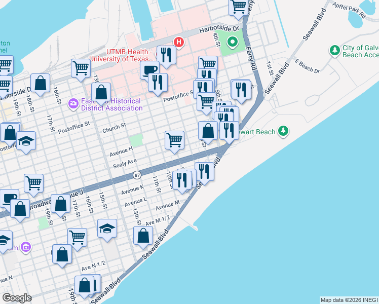 map of restaurants, bars, coffee shops, grocery stores, and more near 715 Sealy Avenue in Galveston