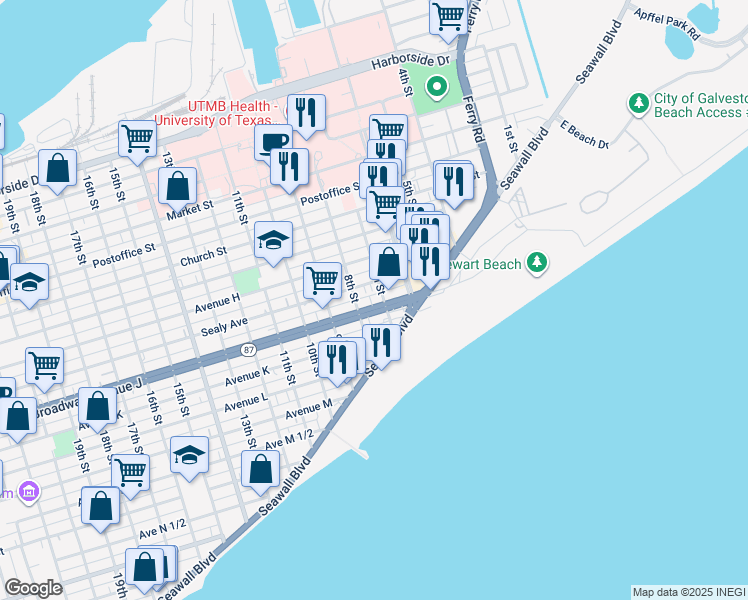 map of restaurants, bars, coffee shops, grocery stores, and more near 715 Sealy Avenue in Galveston