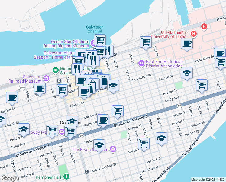 map of restaurants, bars, coffee shops, grocery stores, and more near 1913 Postoffice Street in Galveston