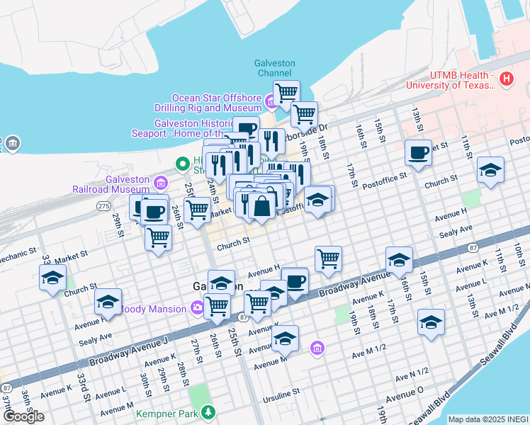 map of restaurants, bars, coffee shops, grocery stores, and more near in Galveston