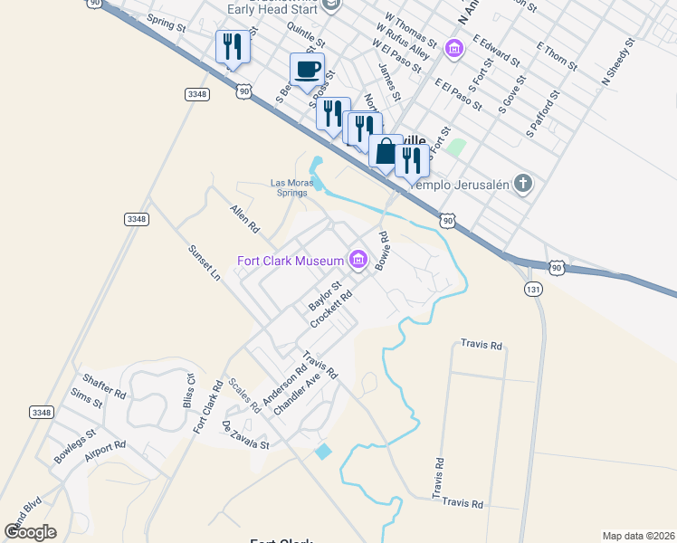 map of restaurants, bars, coffee shops, grocery stores, and more near 174 Campers World Road in Brackettville