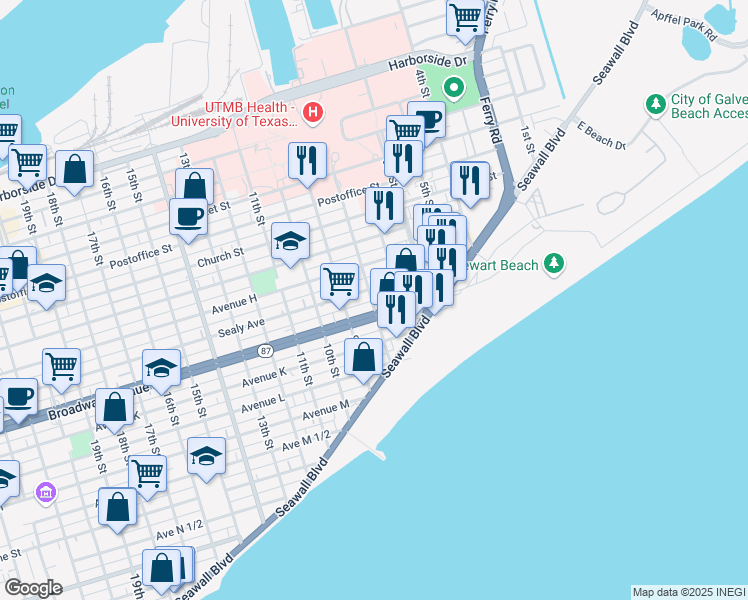 map of restaurants, bars, coffee shops, grocery stores, and more near 806 8th Street in Galveston