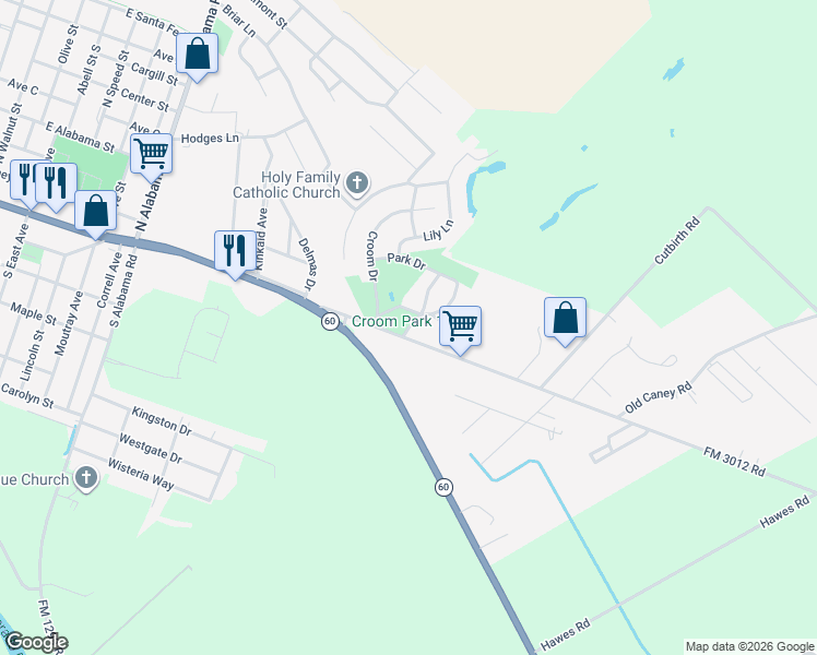 map of restaurants, bars, coffee shops, grocery stores, and more near 558 Circle Drive in Wharton