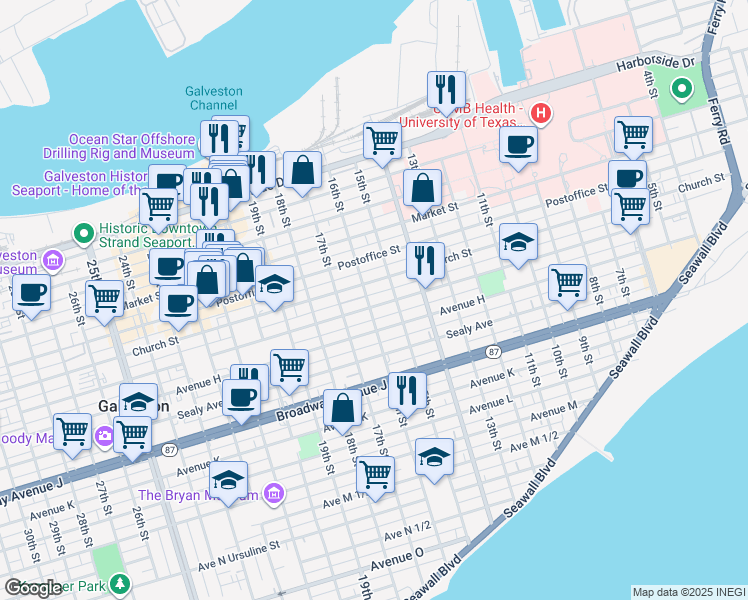 map of restaurants, bars, coffee shops, grocery stores, and more near 610 16th Street in Galveston