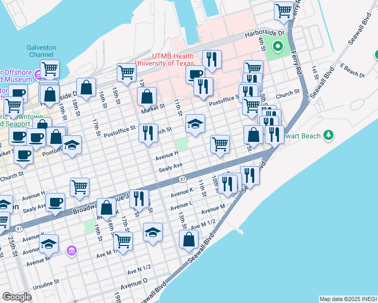 map of restaurants, bars, coffee shops, grocery stores, and more near 1103 Avenue H in Galveston