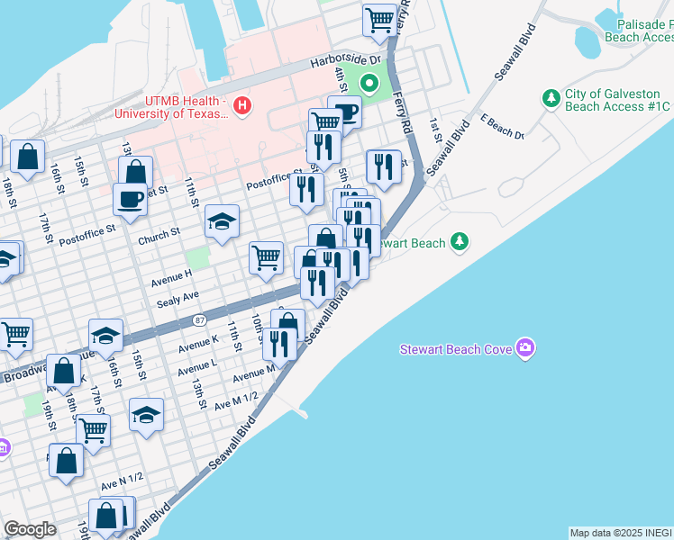 map of restaurants, bars, coffee shops, grocery stores, and more near 602 Broadway Avenue J in Galveston