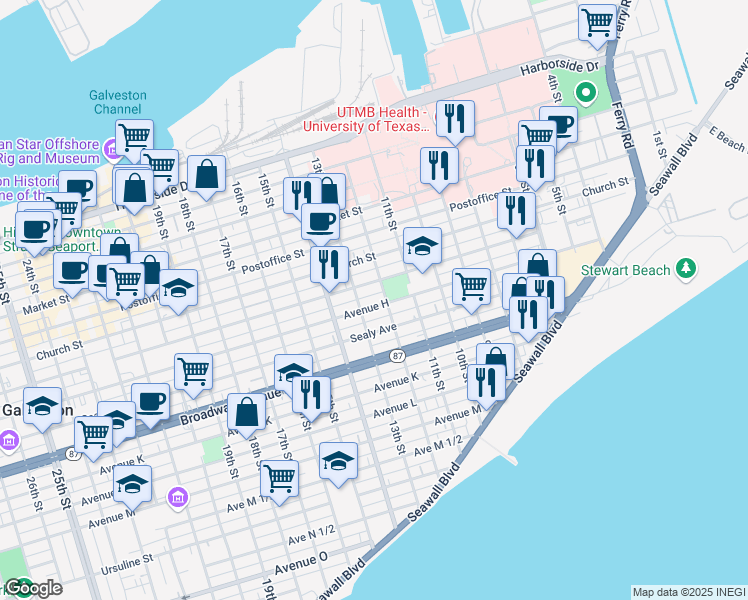 map of restaurants, bars, coffee shops, grocery stores, and more near 1208 Avenue H in Galveston