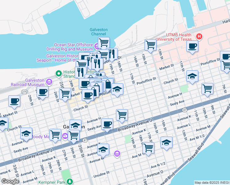 map of restaurants, bars, coffee shops, grocery stores, and more near 1913 Postoffice Street in Galveston