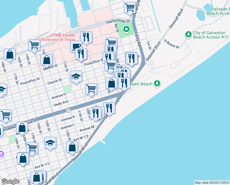 map of restaurants, bars, coffee shops, grocery stores, and more near 602 Broadway Avenue J in Galveston
