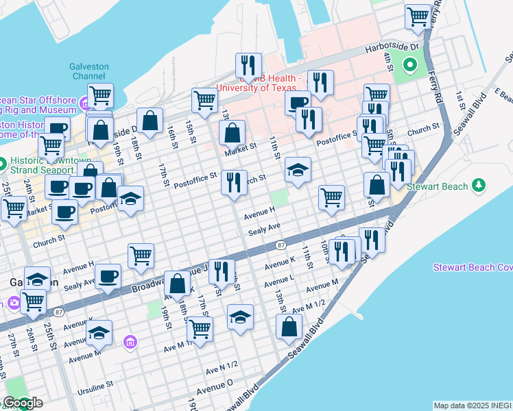 map of restaurants, bars, coffee shops, grocery stores, and more near 1208 Avenue H in Galveston