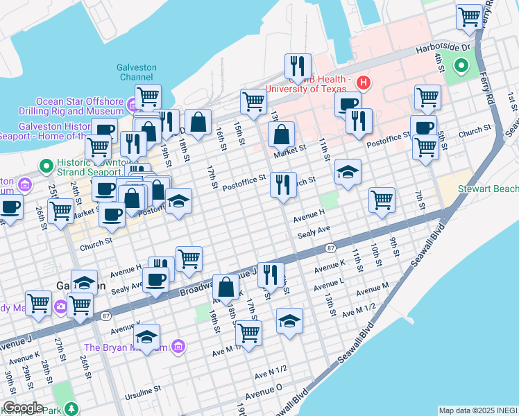 map of restaurants, bars, coffee shops, grocery stores, and more near 1424 Winnie Street in Galveston