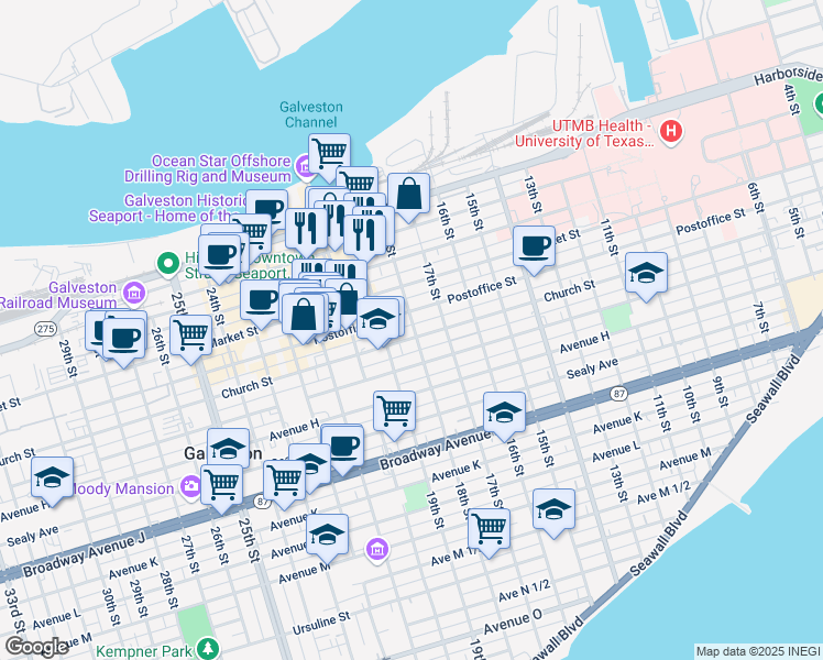 map of restaurants, bars, coffee shops, grocery stores, and more near 1807 Postoffice Street in Galveston