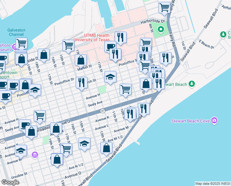 map of restaurants, bars, coffee shops, grocery stores, and more near 812 10th Street in Galveston