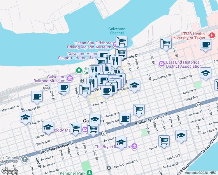 map of restaurants, bars, coffee shops, grocery stores, and more near 2201 Market Street in Galveston