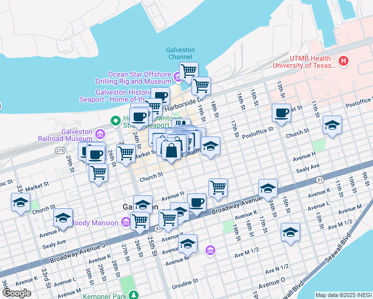 map of restaurants, bars, coffee shops, grocery stores, and more near 416 21st Street in Galveston