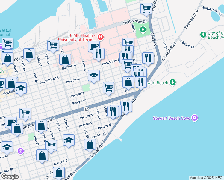 map of restaurants, bars, coffee shops, grocery stores, and more near 820 Sealy Avenue in Galveston