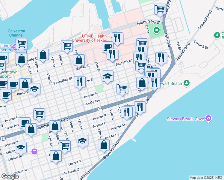 map of restaurants, bars, coffee shops, grocery stores, and more near 812 10th Street in Galveston