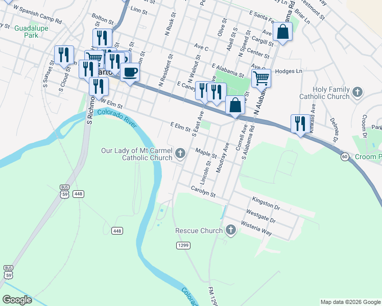 map of restaurants, bars, coffee shops, grocery stores, and more near 401 Washington Avenue in Wharton