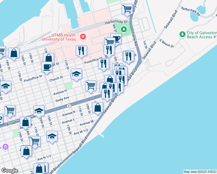 map of restaurants, bars, coffee shops, grocery stores, and more near 627 Sealy Avenue in Galveston
