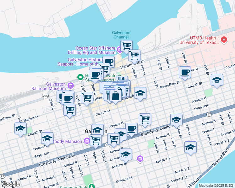 map of restaurants, bars, coffee shops, grocery stores, and more near in Galveston