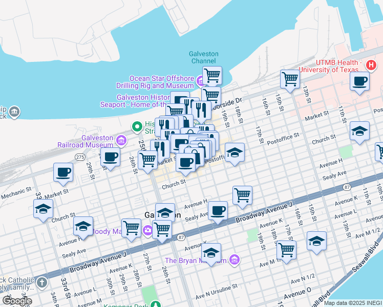 map of restaurants, bars, coffee shops, grocery stores, and more near in Galveston
