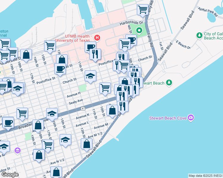 map of restaurants, bars, coffee shops, grocery stores, and more near 820 Sealy Avenue in Galveston