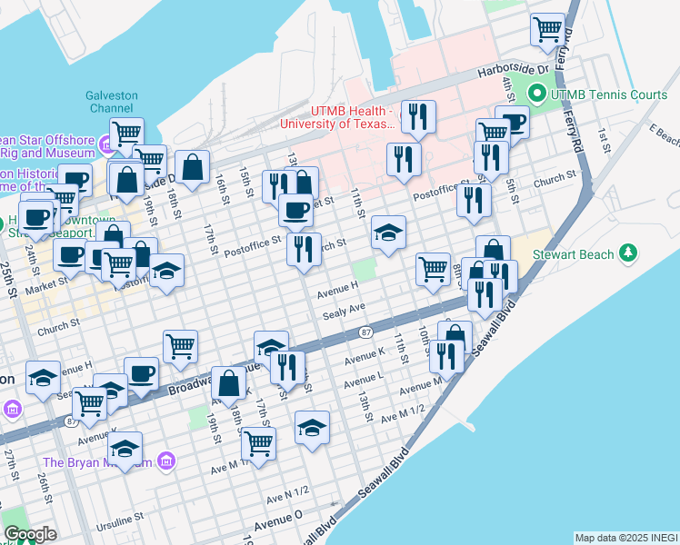 map of restaurants, bars, coffee shops, grocery stores, and more near 1208 Avenue H in Galveston