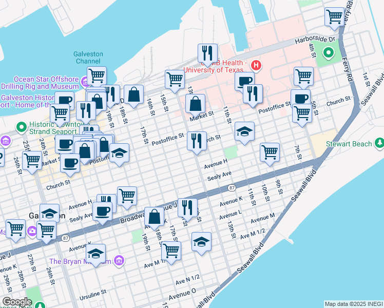 map of restaurants, bars, coffee shops, grocery stores, and more near 1424 Winnie Street in Galveston